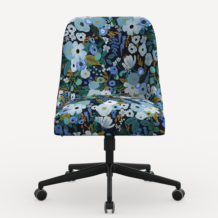 Blue Floral Linen Upholstered Office Chair with Black Base