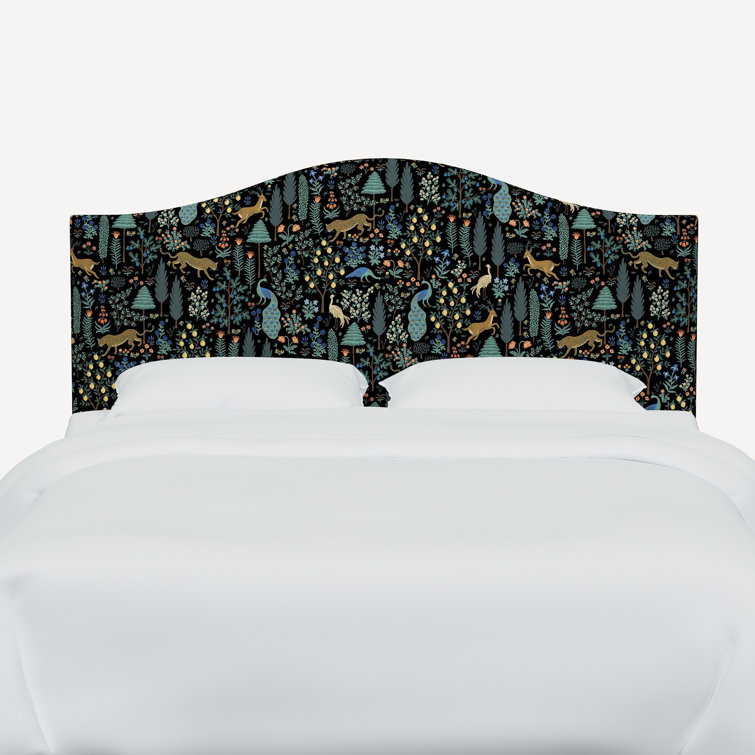 Black Linen Upholstered King Headboard with Menagerie Design