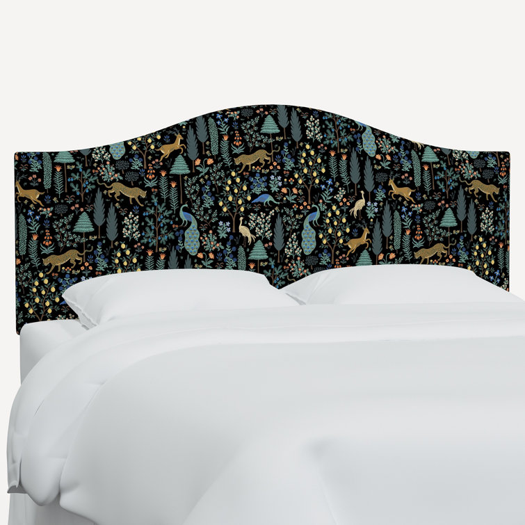 Black Linen Upholstered King Headboard with Menagerie Design