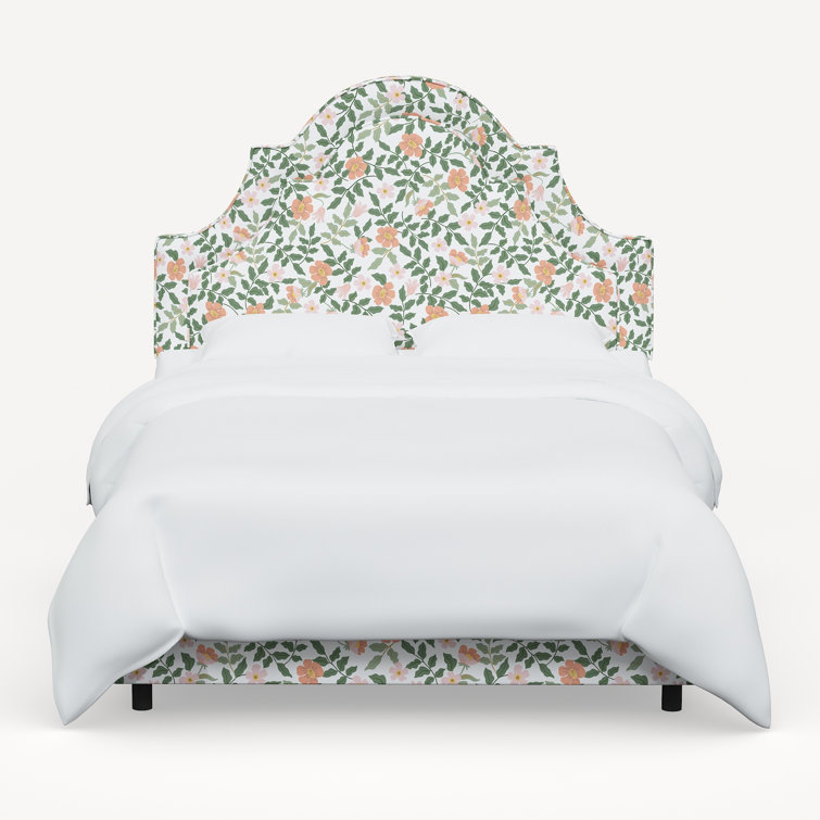 Queen Floral Linen Upholstered Panel Bed with Headboard