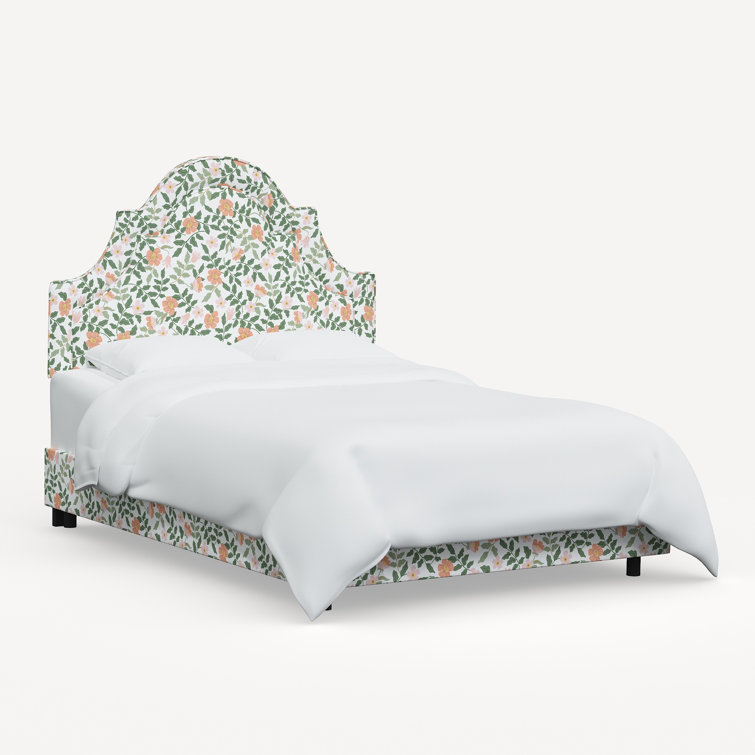 Queen Floral Linen Upholstered Panel Bed with Headboard