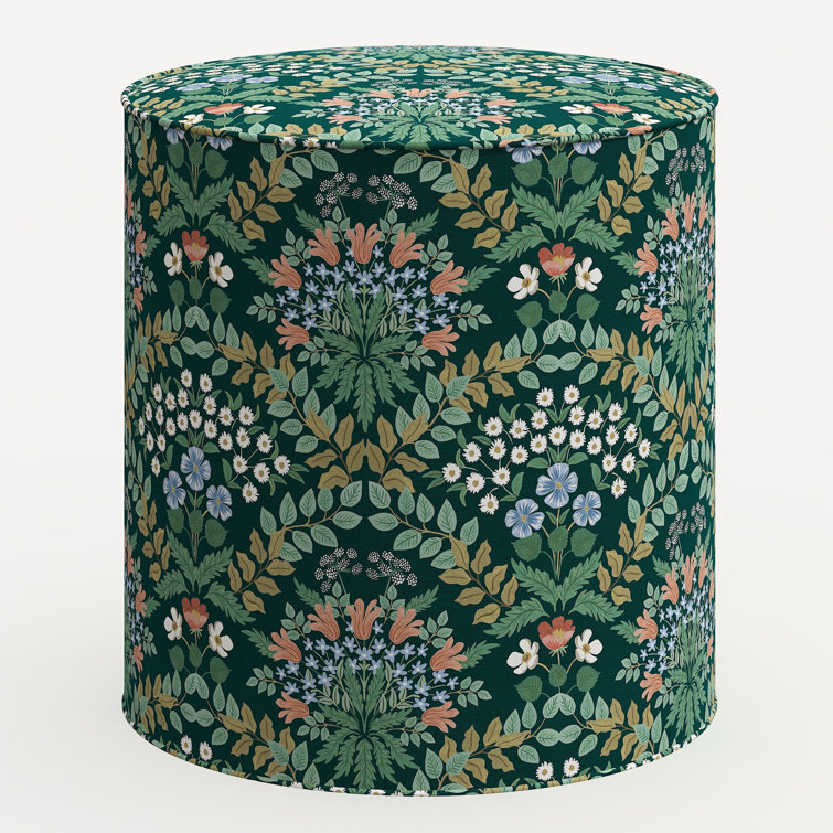 Peacock Blue Floral Round Cotton Linen Ottoman