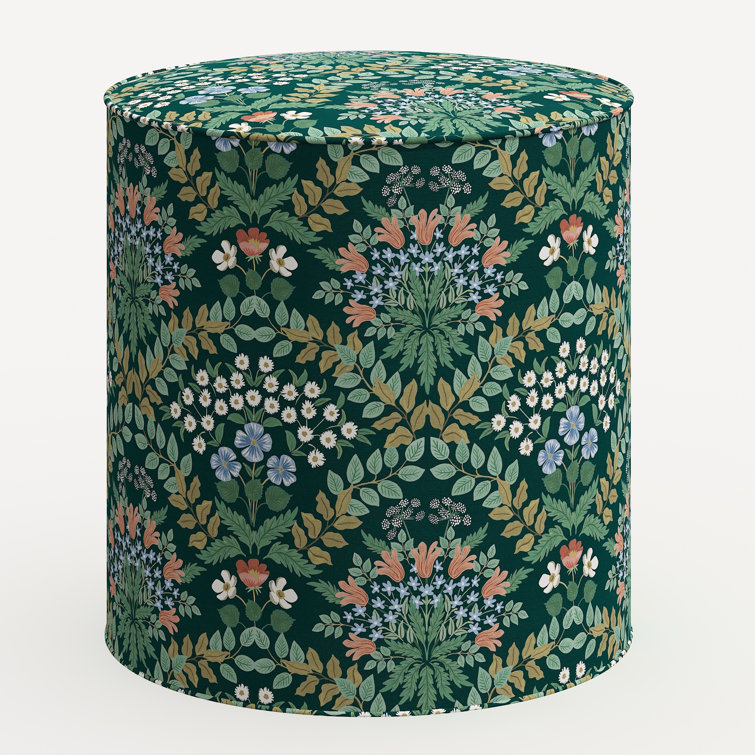 Peacock Blue Floral Round Cotton Linen Ottoman