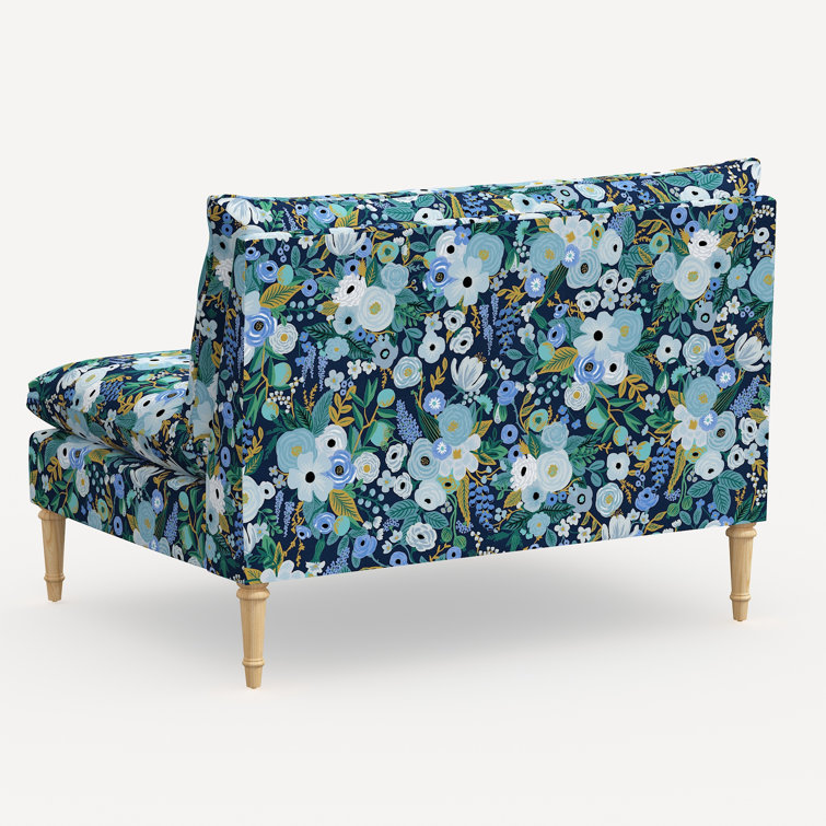 Blue Garden Party Linen Blend Armless Settee with Pine Legs