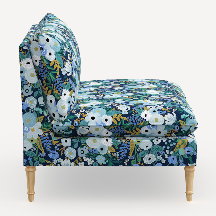 Blue Garden Party Linen Blend Armless Settee with Pine Legs