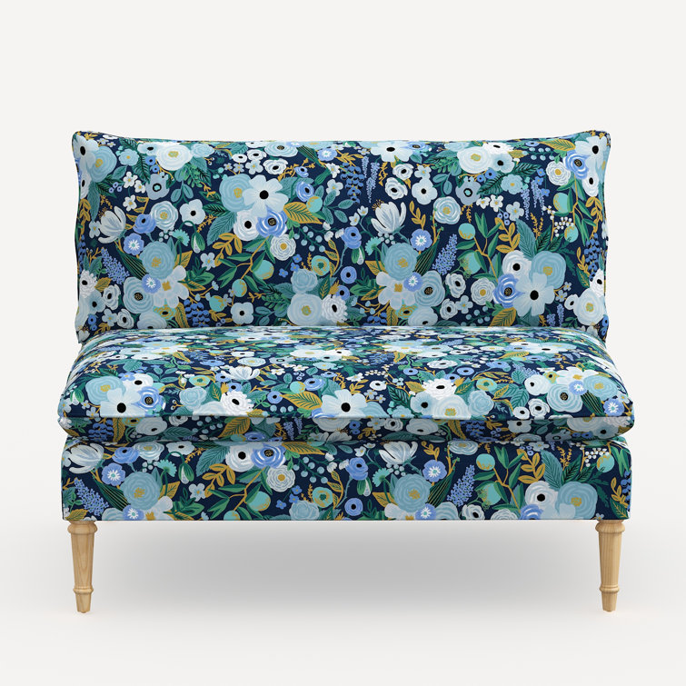 Blue Garden Party Linen Blend Armless Settee with Pine Legs