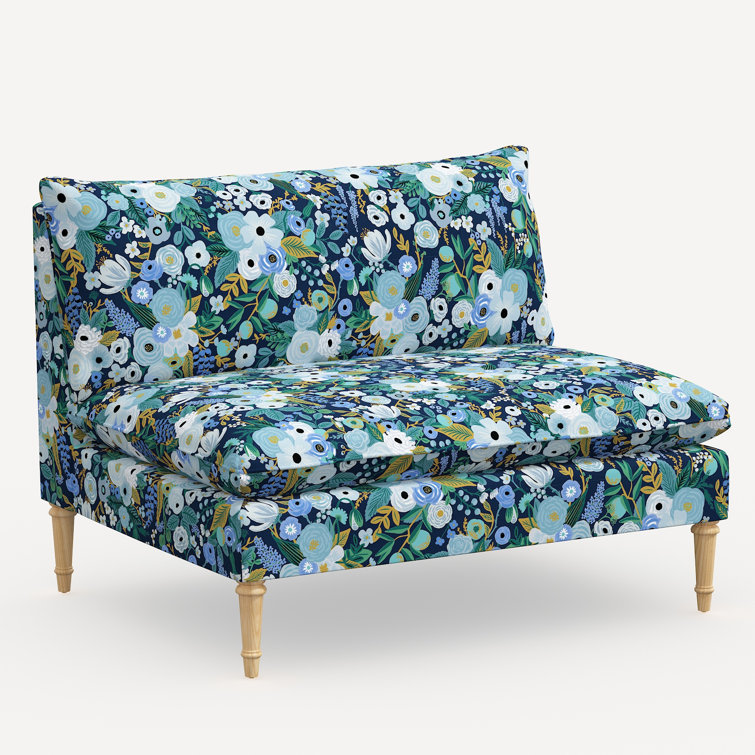 Blue Garden Party Linen Blend Armless Settee with Pine Legs