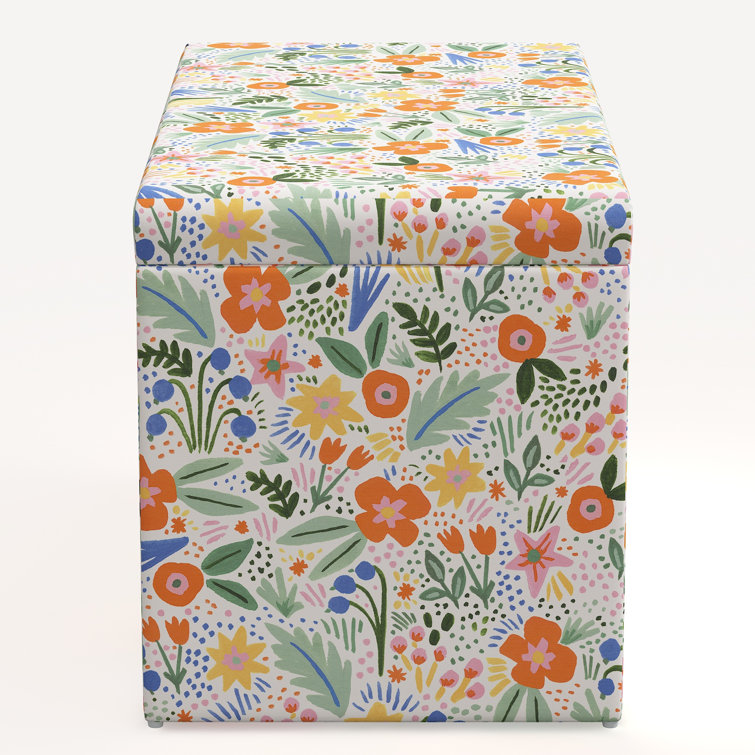 Floral Linen Blend Storage Bench with Pine Legs