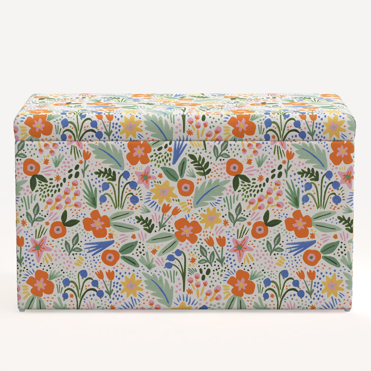 Floral Linen Blend Storage Bench with Pine Legs