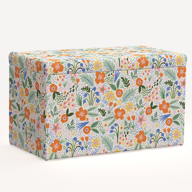 Floral Linen Blend Storage Bench with Pine Legs