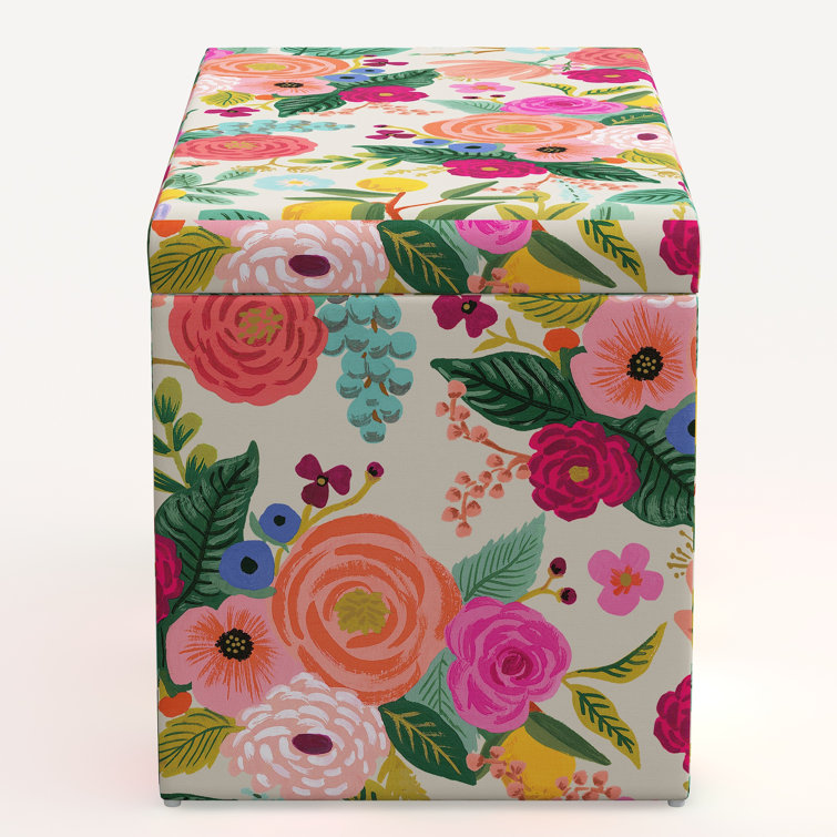 Garden Party Floral Linen Blend Storage Bench with Pine Legs