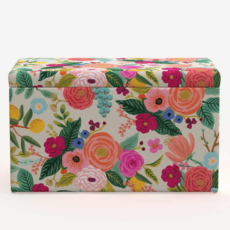 Garden Party Floral Linen Blend Storage Bench with Pine Legs