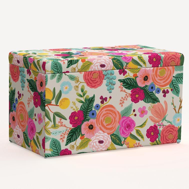 Garden Party Floral Linen Blend Storage Bench with Pine Legs