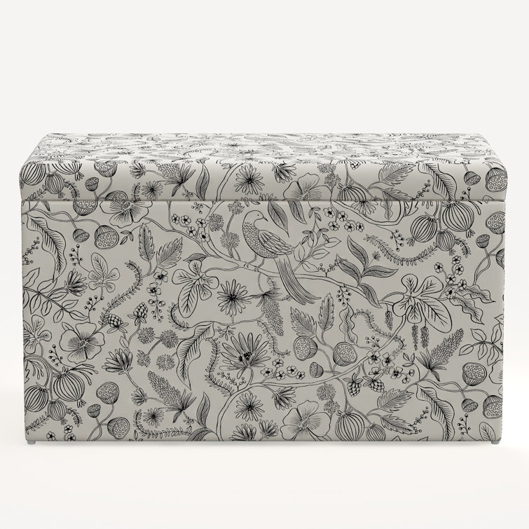 Black and Cream Linen Upholstered Storage Bench with Turned Pine Legs