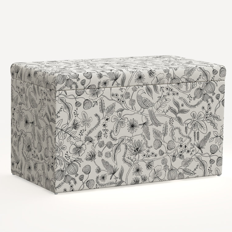 Black and Cream Linen Upholstered Storage Bench with Turned Pine Legs