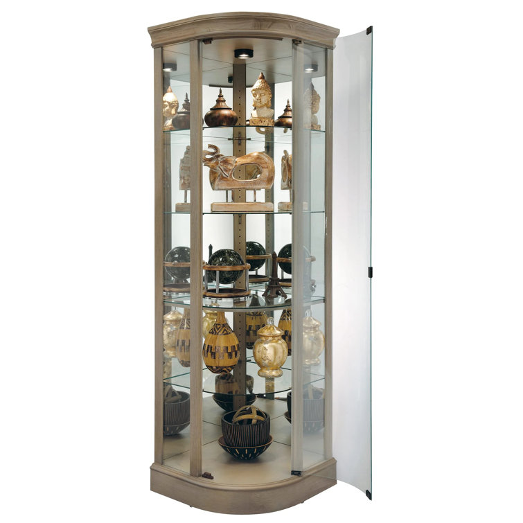 Aged Gray Lighted Corner Curio Cabinet with Glass Shelves