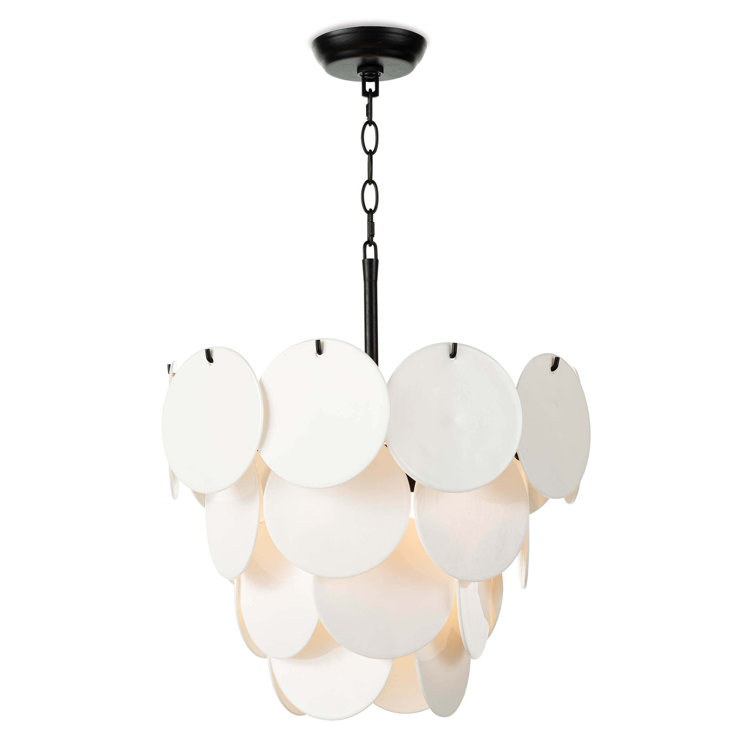 White Glass Disc Modern Chandelier with Blackened Iron Frame