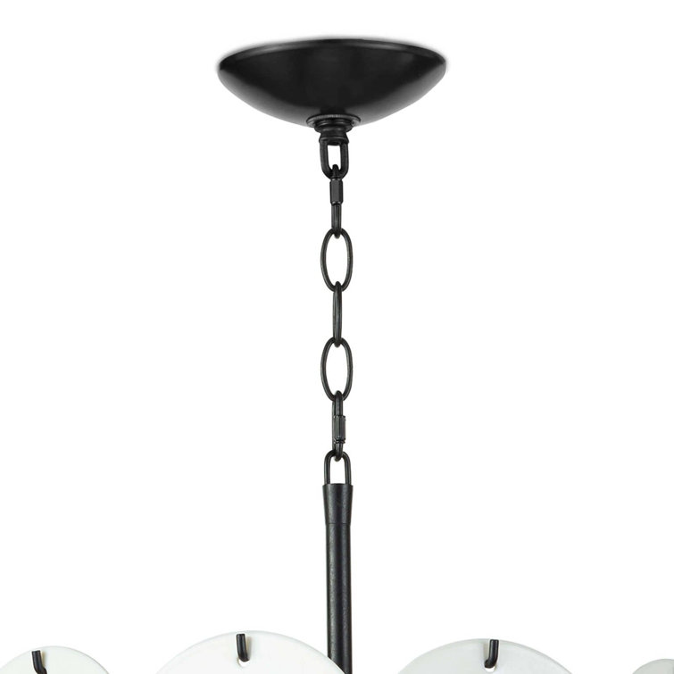 White Glass Disc Modern Chandelier with Blackened Iron Frame