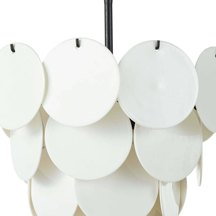 White Glass Disc Modern Chandelier with Blackened Iron Frame