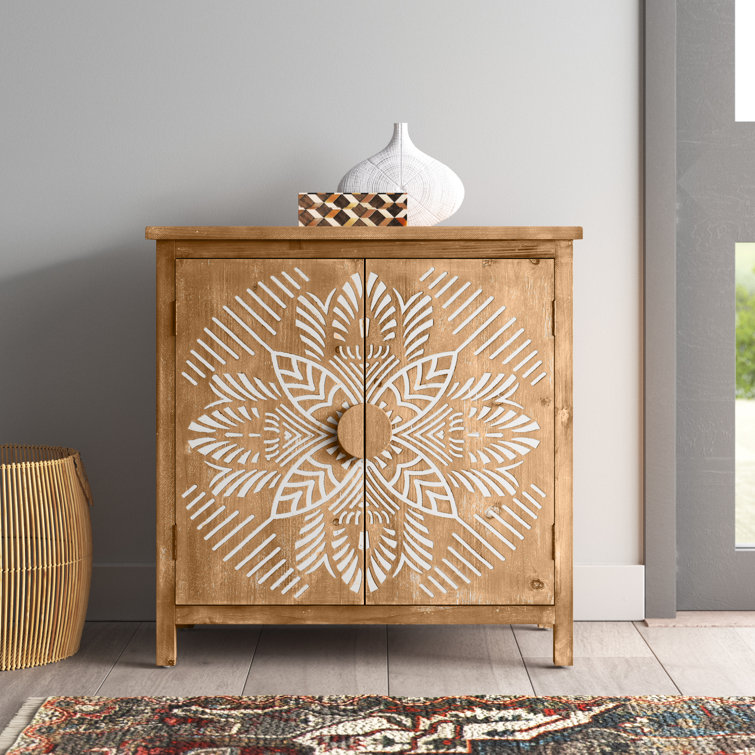 Rococo Romance 32'' White Natural Wood Floral Accent Cabinet