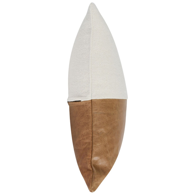 Chestnut and Ivory Leather Linen Square Throw Pillow