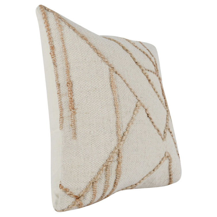 Ivory and Beige Embroidered Wool Square Throw Pillow