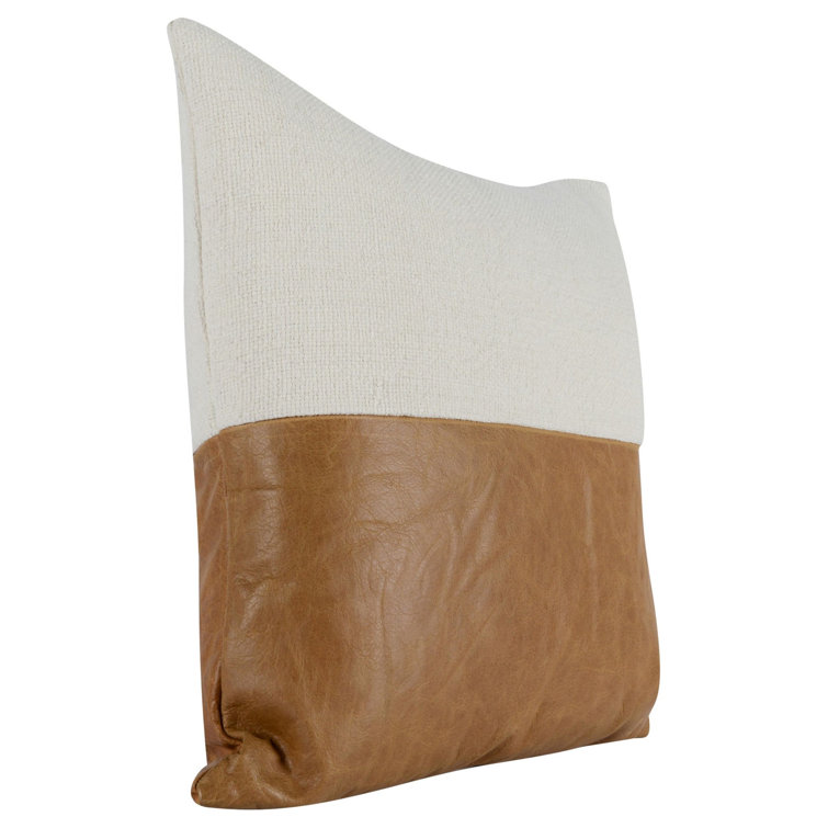 Chestnut and Ivory Leather Linen Square Throw Pillow