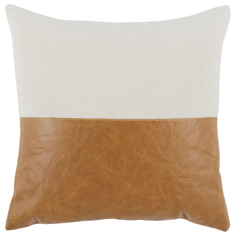 Chestnut and Ivory Leather Linen Square Throw Pillow