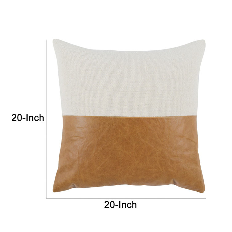 Chestnut and Ivory Leather Linen Square Throw Pillow
