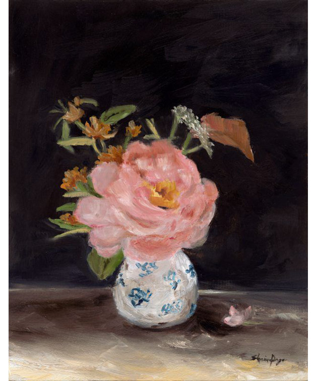 Pink Peony Oil Painting in Rustic Walnut Frame