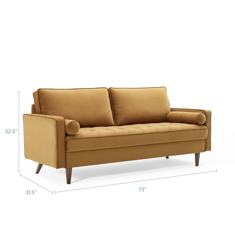 Cognac Velvet Tufted Sofa with Walnut Wood Legs
