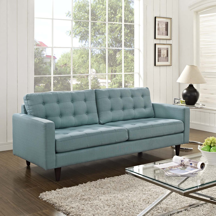 Laguna Blue Tufted Fabric Sofa with Wood Legs