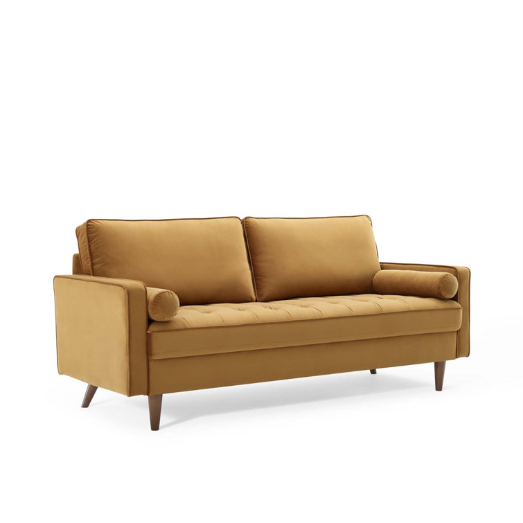 Cognac Velvet Tufted Sofa with Walnut Wood Legs