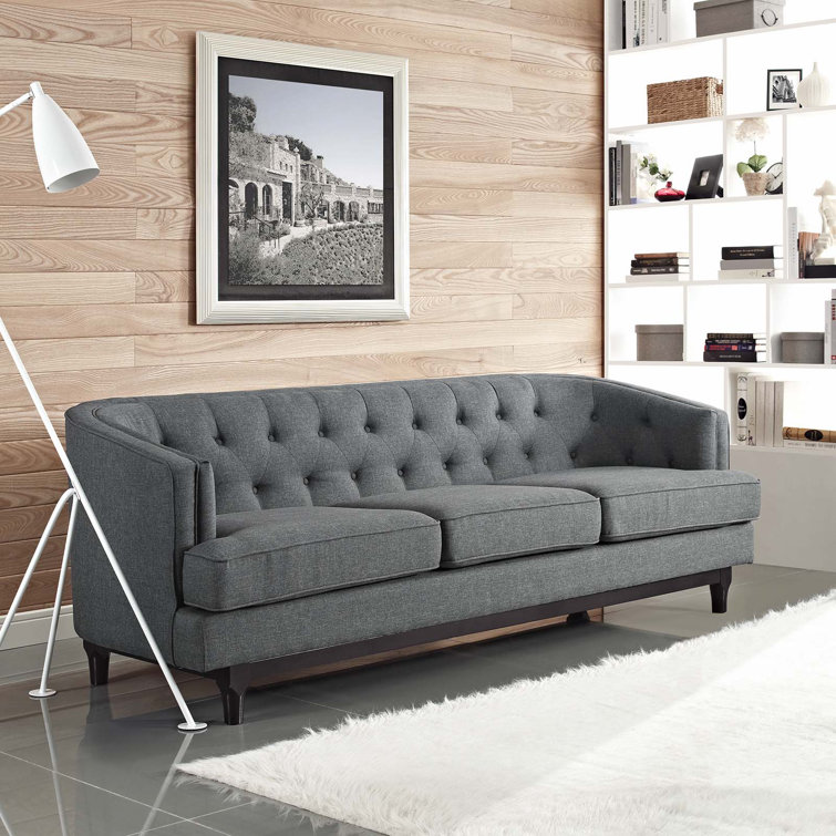 Gray Tufted Fabric Sofa with Walnut Wood Base