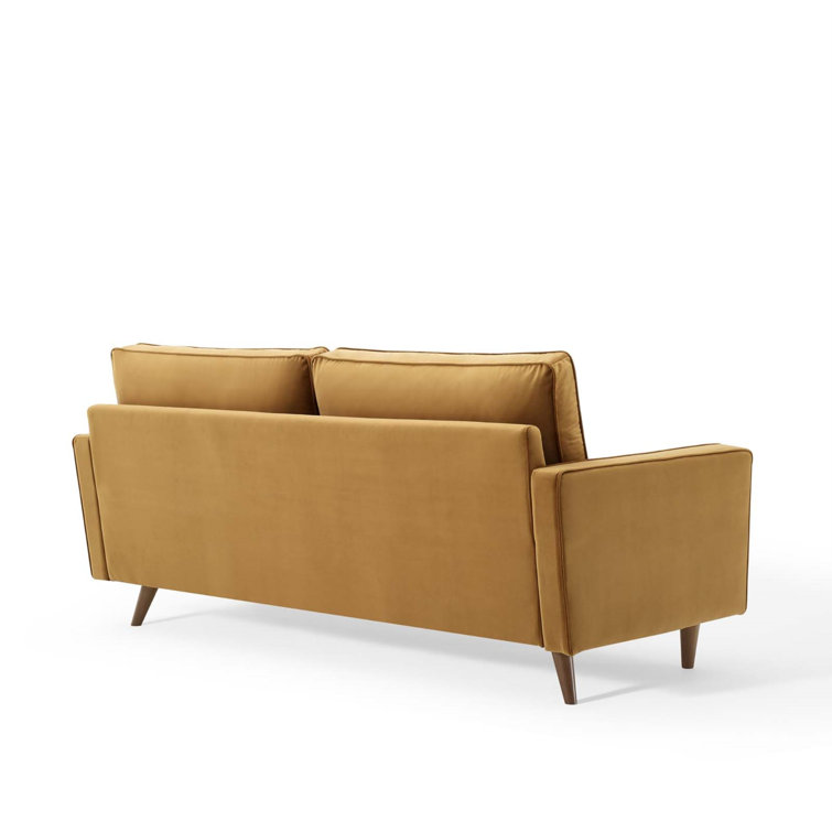 Cognac Velvet Tufted Sofa with Walnut Wood Legs