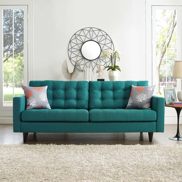 Teal Tufted Fabric Sofa with Solid Wood Legs