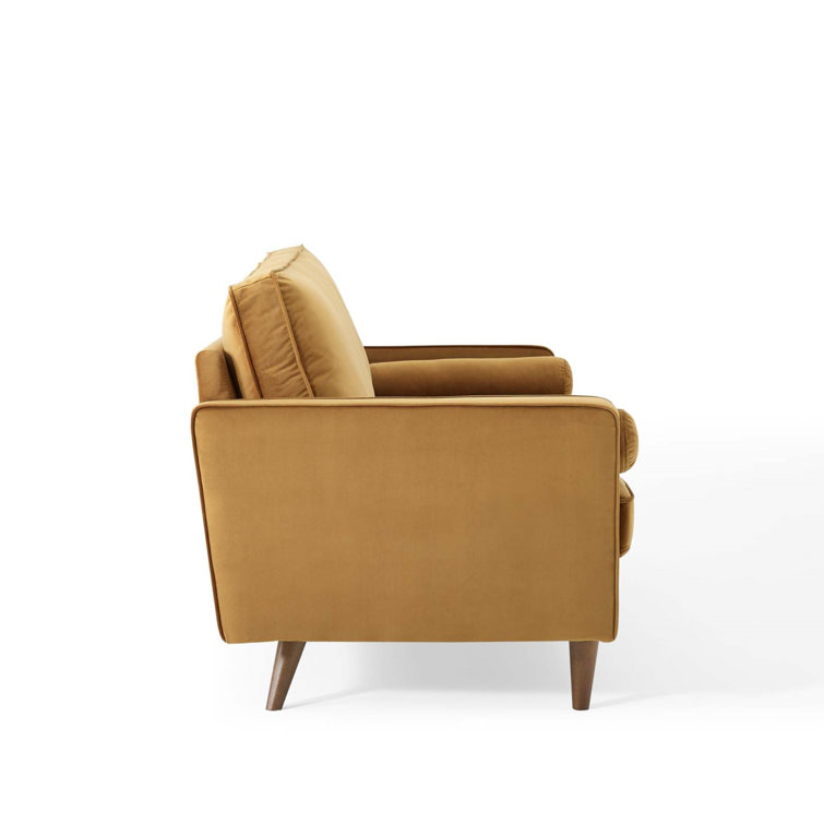Cognac Velvet Tufted Sofa with Walnut Wood Legs
