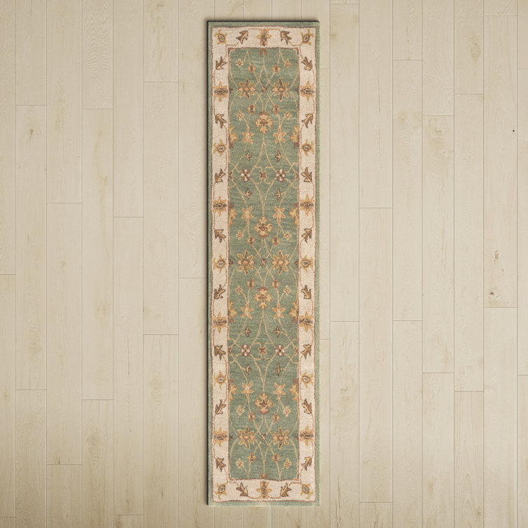 Handmade Green and Gold Wool Oriental Runner Rug 2'3" x 8'