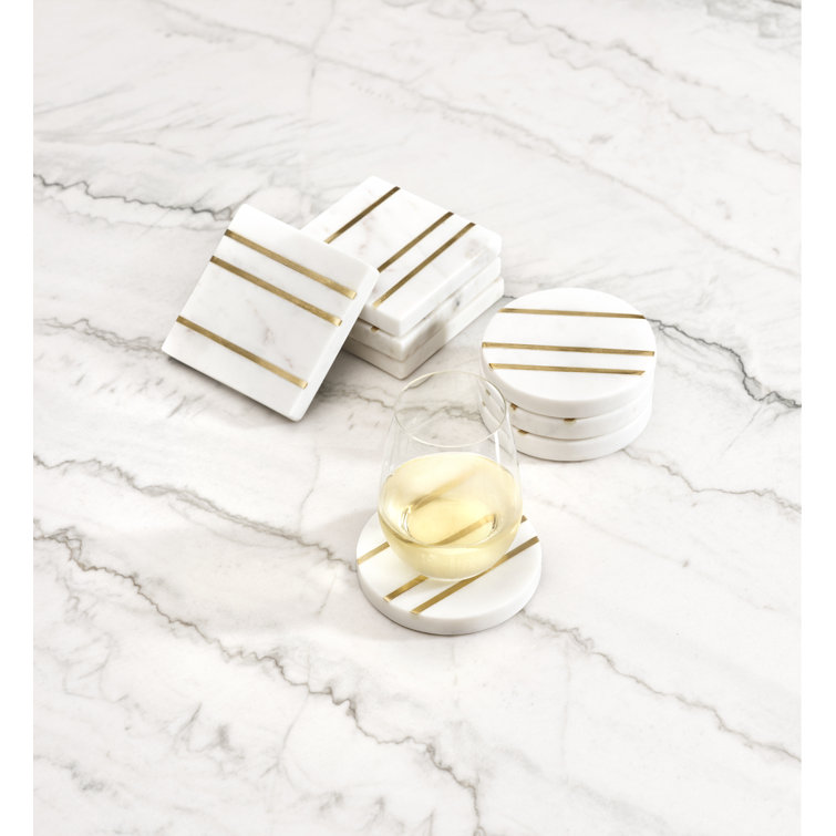 White Marble and Gold Inlay Round Coaster Set