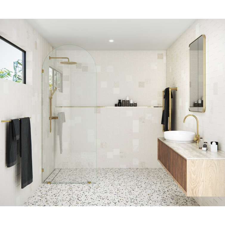 Venus 34 in. x 86.75 in. Polished Brass Frameless Arched Glass Shower Panel
