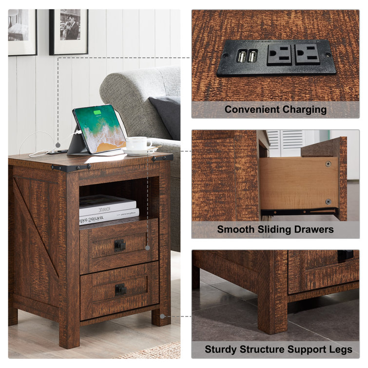 Rustic Brown 18" Nightstand with Charging Station and Storage