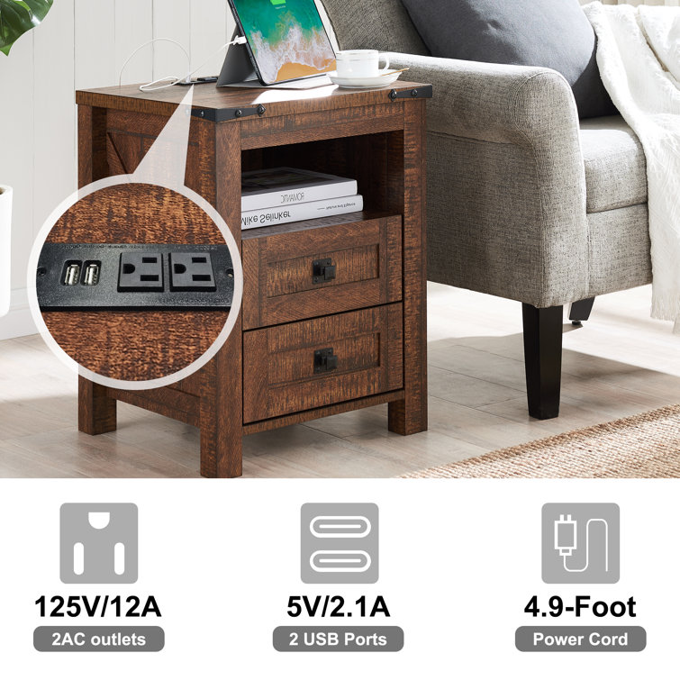 Rustic Brown 18" Nightstand with Charging Station and Storage