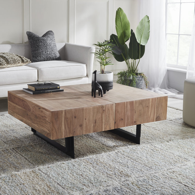 Glide 33'' Natural Wood and Iron Extendable Coffee Table with Storage