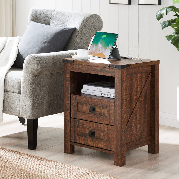 Rustic Brown 18" Nightstand with Charging Station and Storage