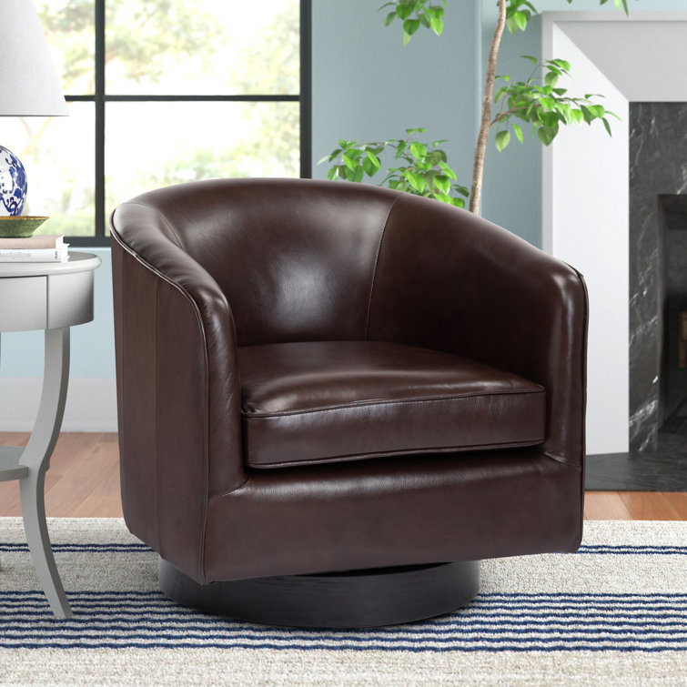 Transitional Black Top Grain Leather Swivel Barrel Chair with Wooden Base