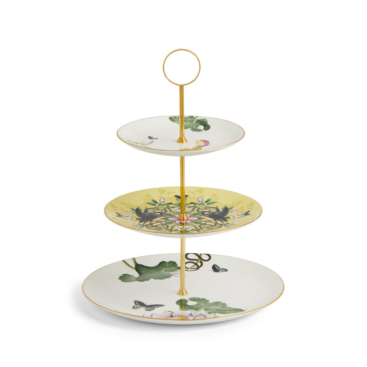 Wonderlust Waterlily Three-Tier Ceramic Cake Stand with Gold Accents
