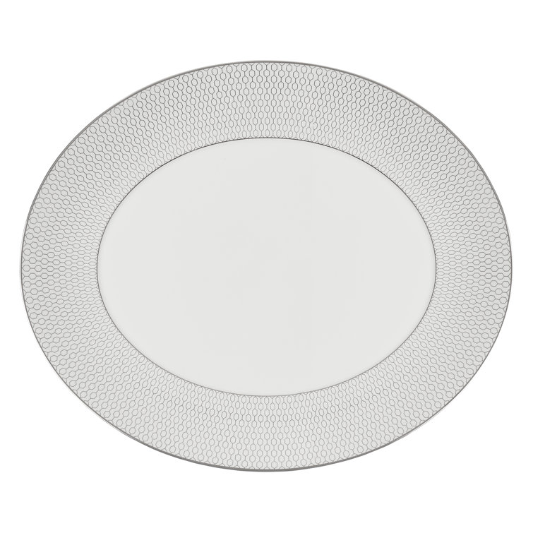 White Ceramic Oval Serving Platter with Platinum Geometric Print