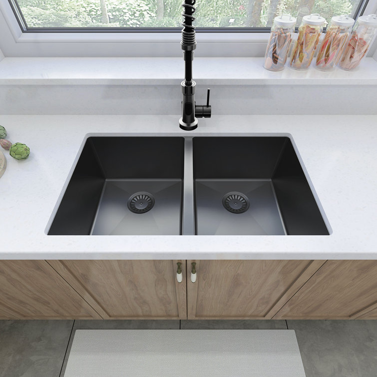 Sinber 32" Black Stainless Steel Double Bowl Drop-in Kitchen Sink
