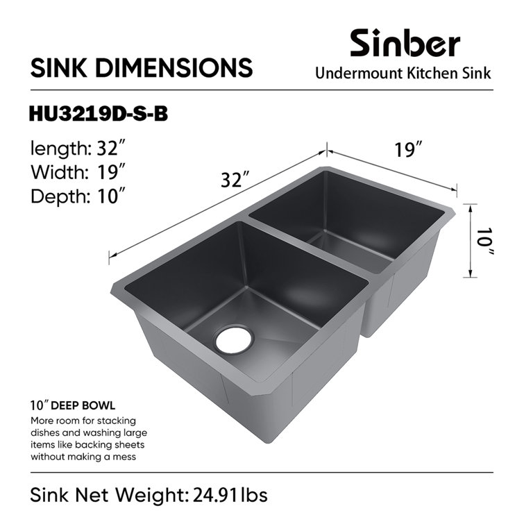 Sinber 32" Black Stainless Steel Double Bowl Drop-in Kitchen Sink