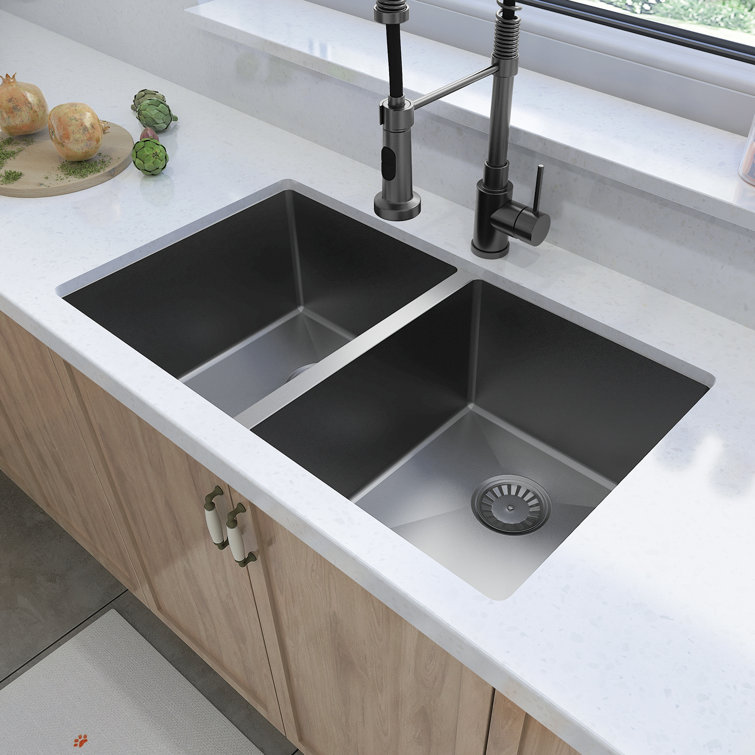 Sinber 32" Black Stainless Steel Double Bowl Drop-in Kitchen Sink